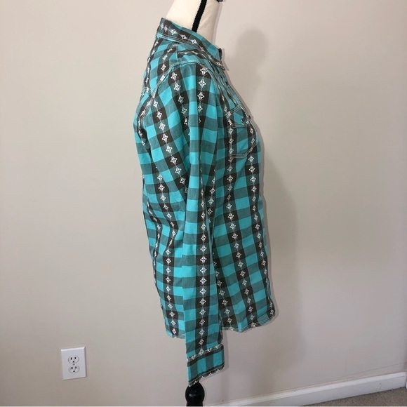 Rock 47 Wrangler Cowgirl Western Snap Front Shirt Size M Rodeo Embroidered Blue - Picture 5 of 10